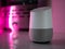 Smart home speaker assistant on fireplace with led coloured ambient lighting - Fuschia