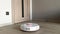 Smart House. Vacuum cleaner robot runs on wood floor in a living room