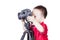 Smart kid playing camera isolated