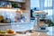 Smart kitchen mixer on counter with futuristic display, an innovation in home appliances