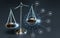 Smart law, legal advice icons and astute lawyer working tools in lawyers office