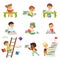 Smart little kids reading books set, cute preschool children learning and studying vector Illustrations on a white