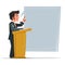 Smart man standing at lectern giving public speech -