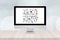 Smart modern pc with social network doodle on screen on wooden table