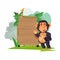 Smart monkey presenting over wood board with jungle background -