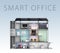 Smart office concept. Energy support by solar panel, storage to battery system. With text