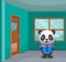 The the smart panda holding the blue book in front the door of the classroom