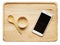 Smart phone and bowl chopstick made from wood on wood plate