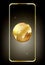 Smart phone mock-up in vertical orientation with shining golden ball with world map on device dark screen. Planet Earth