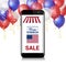 Smart Phone With Sale For Veteran Day Message Over White, Blue And Red Balloons On Background, Usa National Holiday