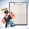 Smart policeman showing muscle with clipboard to presentation. strong police character design. policeman can help you concept - ve