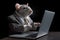 Smart rat working on its laptop wearing business suit isolated on black background. Generative AI realistic illustration