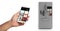 Smart refrigerator phone app, hand holding mobile phone isolated against white background. 3d illustration