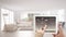 Smart remote home control system on a digital tablet. Device with app icons. Blurry interior of modern living room in the backgrou