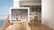 Smart remote home control system on a digital tablet. Device with app icons. Minimalist modern panoramic kitchen in the background