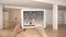 Smart remote home control system on a digital tablet. Device with app icons. Minimalist white and wooden living room with dining