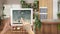 Smart remote home control system on a digital tablet. Device with app icons. Wooden kitchen and dining room with houseplants,