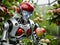 Smart robot farmer harvesting apples in greenhouse. Farm automation, agriculture futuristic conceptapples