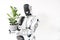 Smart robot is standing with flower pot