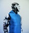 Smart robotic sci-fi man in blue shirt, 3d illustration in profile