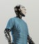 Smart robotic sci-fi man in blue shirt, 3d illustration in profile