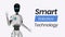 Smart robotics technology vector banner template. Friendly humanoid cyborg waving hand character, Artificial