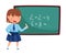 Smart Schoolgirl in Blue Uniform Standing at Chalkboard and Doing Sum Up Vector Illustration