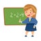 Smart Schoolgirl in Blue Uniform Standing at Chalkboard and Doing Sum Up Vector Illustration