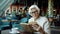 Smart senior business lady reading book at table in restaurant relaxing during coffee break