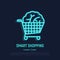 Smart shopping neon thin line icon: brain in trolley. Loyalty program, referal system, cashback. Modern vector illustration