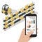 Smart warehouse management system app.Worker hand holding phone with warehouse control infographic app. Isometric vector