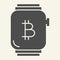 Smart watch with bitcoin solid icon. Bitcoin on wristwatch vector illustration isolated on white. Electronic wristwatch