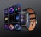 Smart watch on black background. Multi-function interface layout in grid