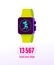 Smart watch with count your steps concept and human woman figure silhouette running on its tiuch screen.