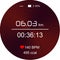 Smart watch displaying time interval, distance, heart rate and burnt calories amount in monitor app