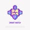 Smart watch with heartbeat on screen. Fitness gadget. Thin line icon. Modern vector illustration