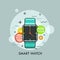 Smart watch surrounded by application icons. Concept of portable multifunctional electronic device and modern accessory.