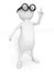 Smart white 3d man in black round glasses pointing up finger