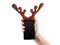 Smartphon christmas funny concept, reindeer antlers toy, Isolated on white