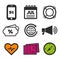 Smartphone 5G icon. Lifebuoy symbol. Heartbeat and Compass icons. Speakers sign. Post card travel icon.