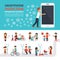 Smartphone addiction infographic elements with icon set, people with phones. Man hugs phone. Flat vector design. Banner