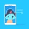 Smartphone application woman face identification authorization isometric copy space blue background flat