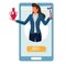 Smartphone with auctioneer holding gavel, vase. Online auction, internet bidding from mobile phone, vector illustration.