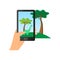 Smartphone augmented reality island show near tree dinosaur