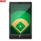 Smartphone with a baseball field on the screen.