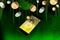 Smartphone with Bitcoin symbol on-screen among piles of golden and silver Bitcoins on green