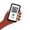 Smartphone in black afro hand with covid vaccination QR code. Valid certificate passport on the screen. Green pass. African americ