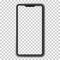 Smartphone with blank screen on a transparent light background. UI and UX. Dark mobile phone wireframe with buttons. Technological