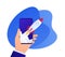 Smartphone business app concept. Vector flat illustration. Rocket launch as metaphore of startup success. Businessman hand holding