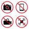 Smartphone Camera Quadcopter Forbidden Pictogram. Ban Recording Video Black Silhouette Icon. Prohibited Photo Camera Red